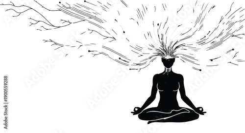 Person meditating with abstract energetic explosion of thoughts and creativity from head