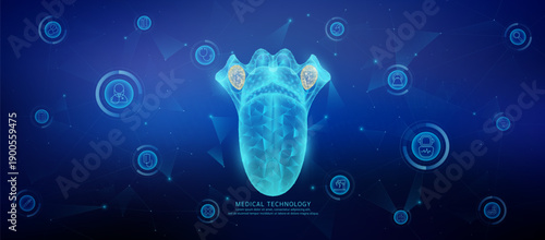 Translucent polygon tongue organ connected medical technology network icons. Cyborg human collaboration. Health care technology digital. Banner vector.