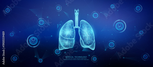 Translucent polygon lung organ connected medical technology network icons. Cyborg human collaboration. Health care technology digital. Banner vector.