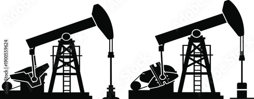 Silhouette of two oil pump jacks indicating industrial extraction of fossil fuels
