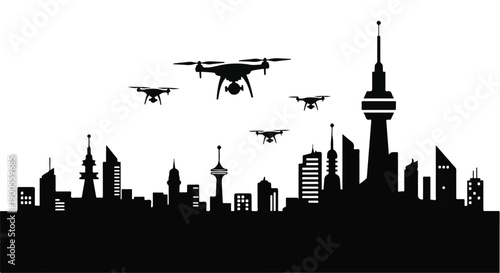 Drones soar above a modern city skyline, representing futuristic technology and urban surveillance.