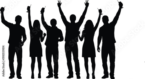 Silhouette of a group of happy friends or colleagues celebrating together, holding drinks, cheering, and dancing at a party, night club, or event