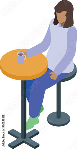 Woman drinking coffee at a table in a cafe isometric illustration