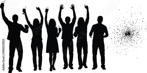 Silhouette of a group of happy friends celebrating and cheering with drinks at a party, night club event, or holiday festival celebration, vector