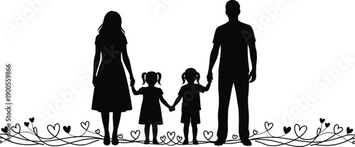 Silhouette of a happy family holding hands with two children, father mother and daughters standing on heart floral border, love and unity,