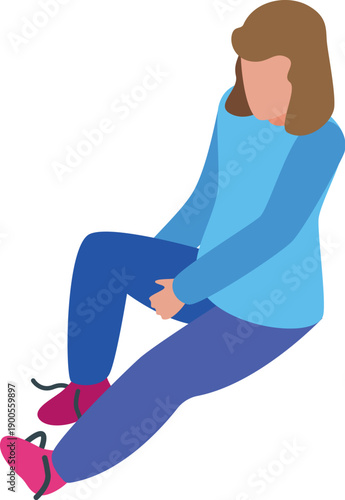 Girl experiencing painful muscle inflammation after workout, holding her injured calf, isometric illustration
