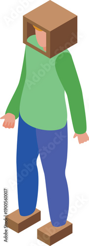 Man wearing cardboard box on head and cardboard shoes standing in isometric view, representing lack of resources and poverty