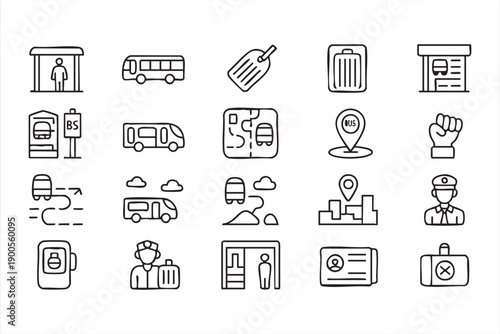 Bus Transport and Navigation Symbols in Minimal Line Vector Style