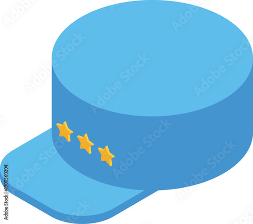 Military general cap with three stars, representing high rank and authority, displayed in isometric projection