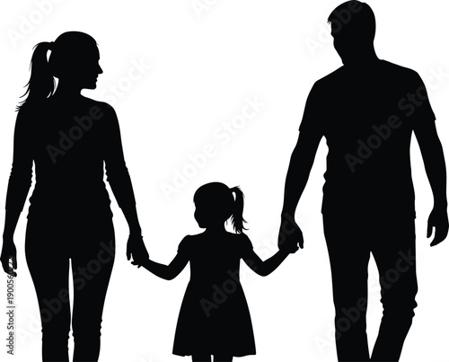 Silhouette of a happy family with mother father and daughter holding hands and walking together, isolated vector illustration on white background, parenthood