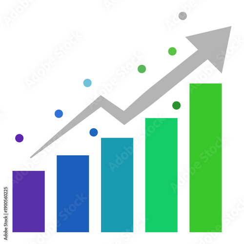 Growth trajectory represented by an ascending bar chart with an upward trend arrow