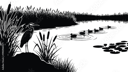 Silhouette of a heron standing by a pond with ducks swimming, tranquil marsh landscape with cattails and water lilies, nature vector illustration