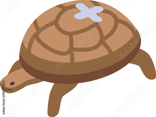Isometric view of a walking turtle with a bandage on its shell, symbolizing animal care and veterinary medicine