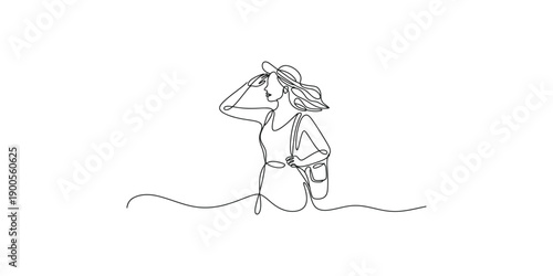 Continuous line drawing of a stylish woman traveler with a suitcase and hat