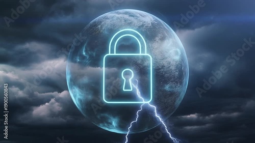 Glowing Digital Padlock Securing Data with Abstract Circuitry Background in Dark Blue Tone