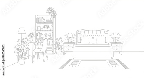 Detailed black and white line art illustration of a cozy bedroom interior featuring a comfortable bed a functional desk setup and many indoor plants