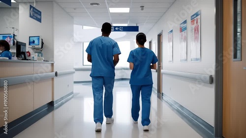 Medical professionals walking down a hospital corridor towards a patient room