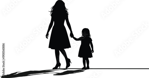 Silhouette of a mother holding her young daughter's hand while walking, family bonding, motherhood, parenting, childhood, love, unity, isolated vector illustration on white background.