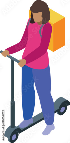 Delivery woman riding escooter carrying yellow isothermal food backpack