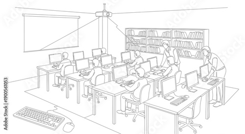 Computer training class showing students working on desktop computers while instructors provide guidance near a projector screen and bookshelves