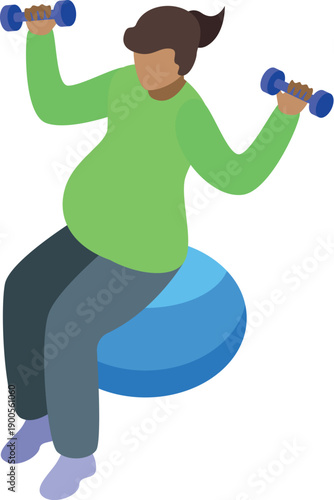 Pregnant woman exercising with dumbbells while sitting on a fitness ball, promoting healthy lifestyle during pregnancy