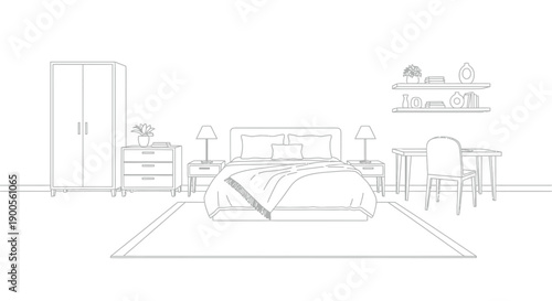 Simple line art drawing illustrating a contemporary bedroom interior layout featuring essential furniture like a bed desk and storage units