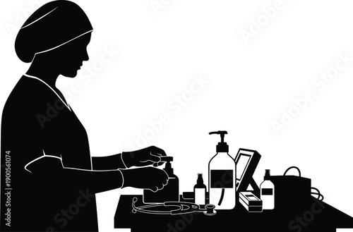 Silhouette of a nurse preparing medical supplies at a workstation, clinic healthcare professional with stethoscope and sanitizing bottles vector illustration on white background.