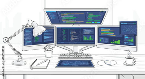 Detailed illustration of a programmer's multi-monitor workstation featuring coding interfaces and vibrant data visualization dashboards for complex analysis