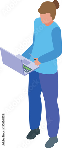 Software tester is working on a laptop, checking new application and writing notes