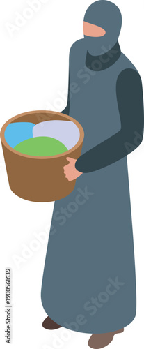Muslim woman carrying a basket of laundry, symbolizing chores, housework, and traditional roles