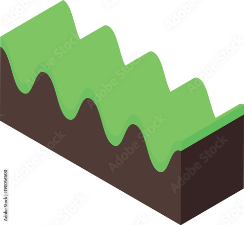Cross section of ground with grass showing geological strata in isometric projection