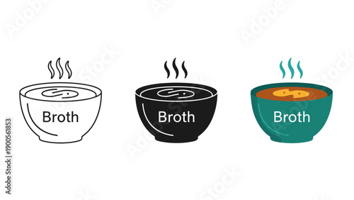 Three steaming bowls of broth in different colors Vector