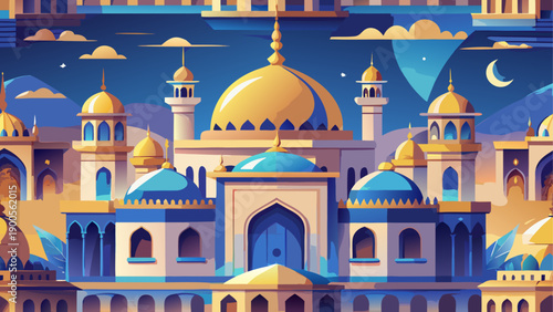Vibrant vector illustration of a majestic mosque with blue and gold accents