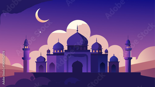 Serene mosque landscape with crescent moon and stars