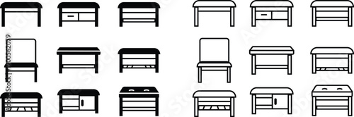 bench with hinged lid icon set, modern furniture symbol for interior design, home organization, seating and storage solution, furniture making, minimal flat vector for UI, web, app, and print use