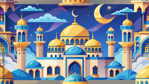 Vibrant cartoon cityscape with mosques and crescent moon