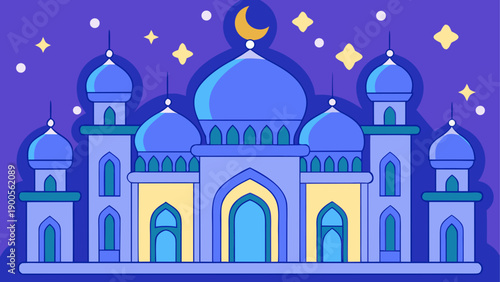 Night scene of blue mosque with crescent moon and stars