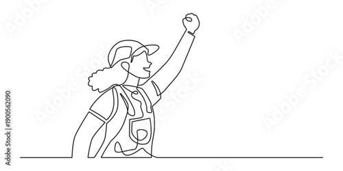 Woman engineer worker wearing safety helmet continuous line art vector for labour day