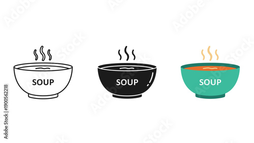 Three bowls of soup in different colors and styles Vector