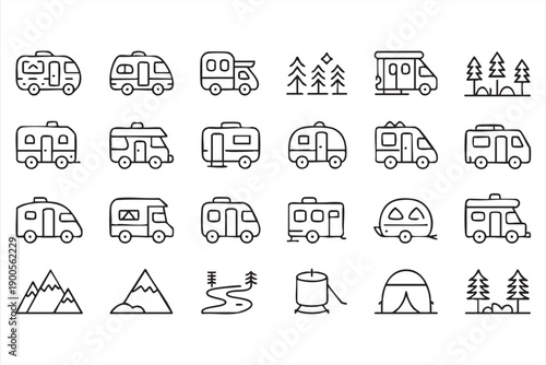 Minimal Camper Van and Caravan Outline Icon Set