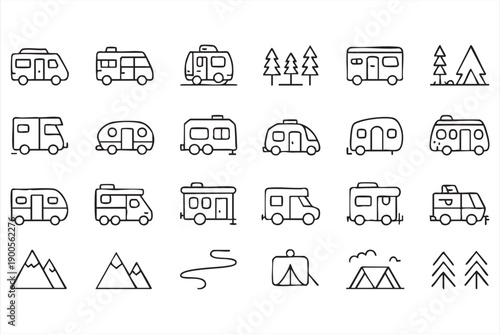 Campervan and RV Camping Icons for Travel and Adventure