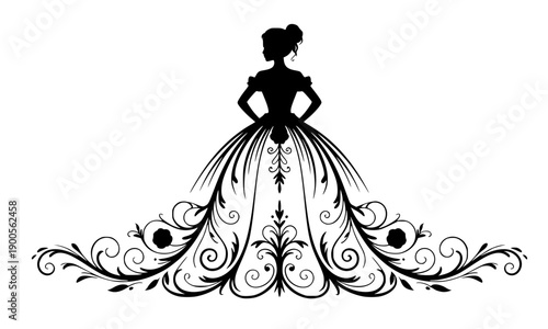 Elegant black silhouette of a princess in a ballroom gown with ornate floral scrollwork patterns for wedding invitations luxury branding and feminine fashion design.