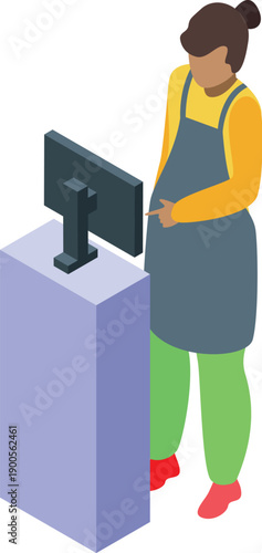 Cashier operating a cash register touchscreen computer in a supermarket, processing customer purchases