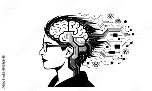Side view of a woman with a digital brain and neural network circuit boards symbolizing artificial intelligence machine learning biotechnology and human mind evolution in a vector art style.