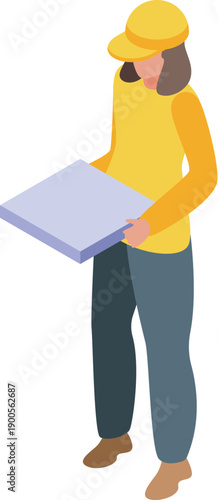 Courier delivering pizza, holding pizza box, isometric view