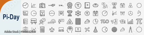 Pi Day celebration line icons set for mathematics and science education