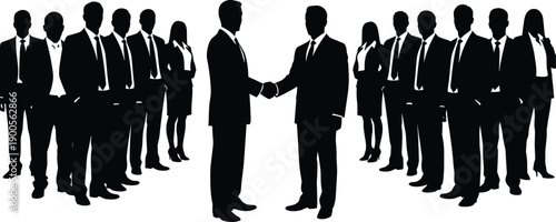 Silhouette of business people shaking hands in agreement, professional corporate team collaboration, partnership success, deal closing, teamwork, 