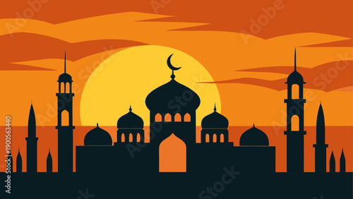 Silhouette of middle eastern cityscape with minarets and crescent moon