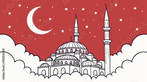 Night scene of mosque with crescent moon and stars