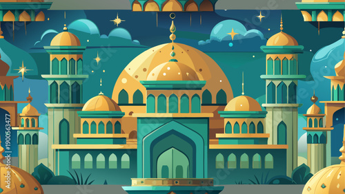 Vibrant fantasy cityscape with blue mosque and golden domes
